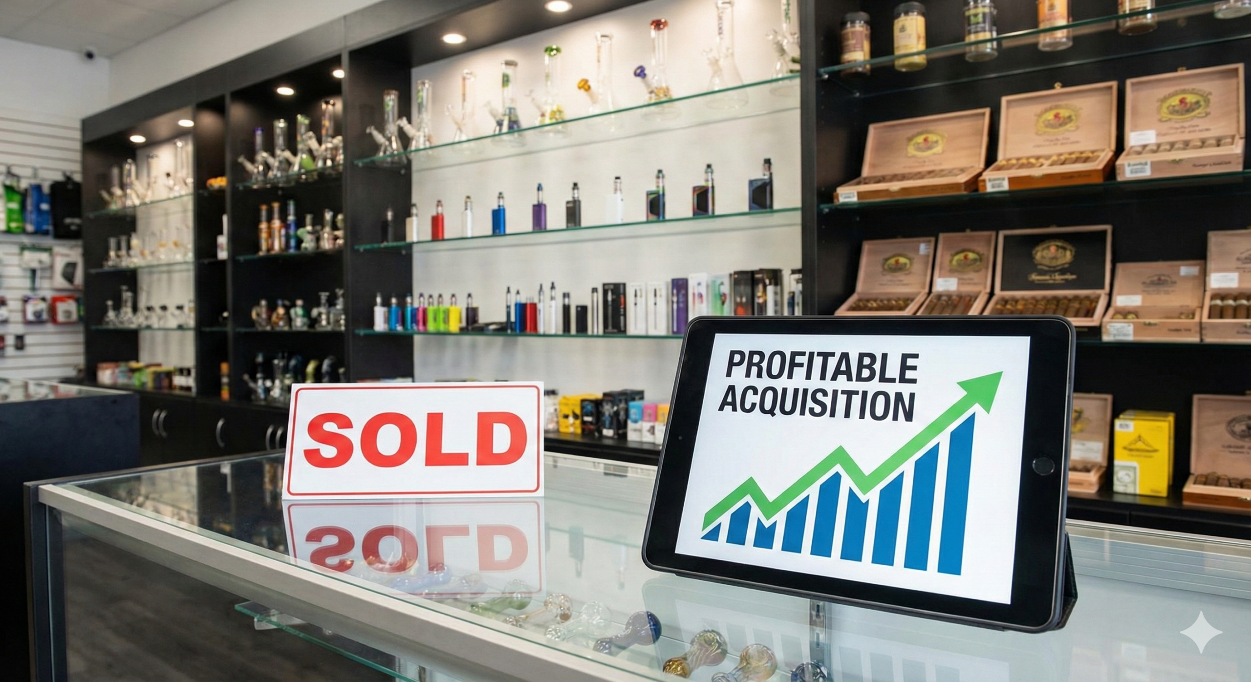 Profitable smoke shop business opportunity with retail interior and growth chart display.